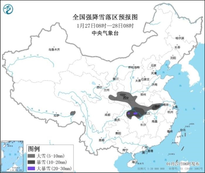 全國強降雪落區(qū)預報圖(1月27日8時-28日8時)