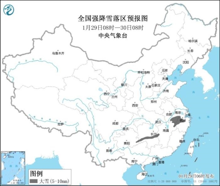 全國強降雪落區(qū)預報圖(1月29日08時-30日08時)