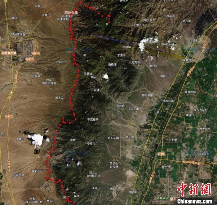 圖為雪豹在春節(jié)前后的活動軌跡?！?nèi)蒙古賀蘭山國家級自然保護區(qū)供圖