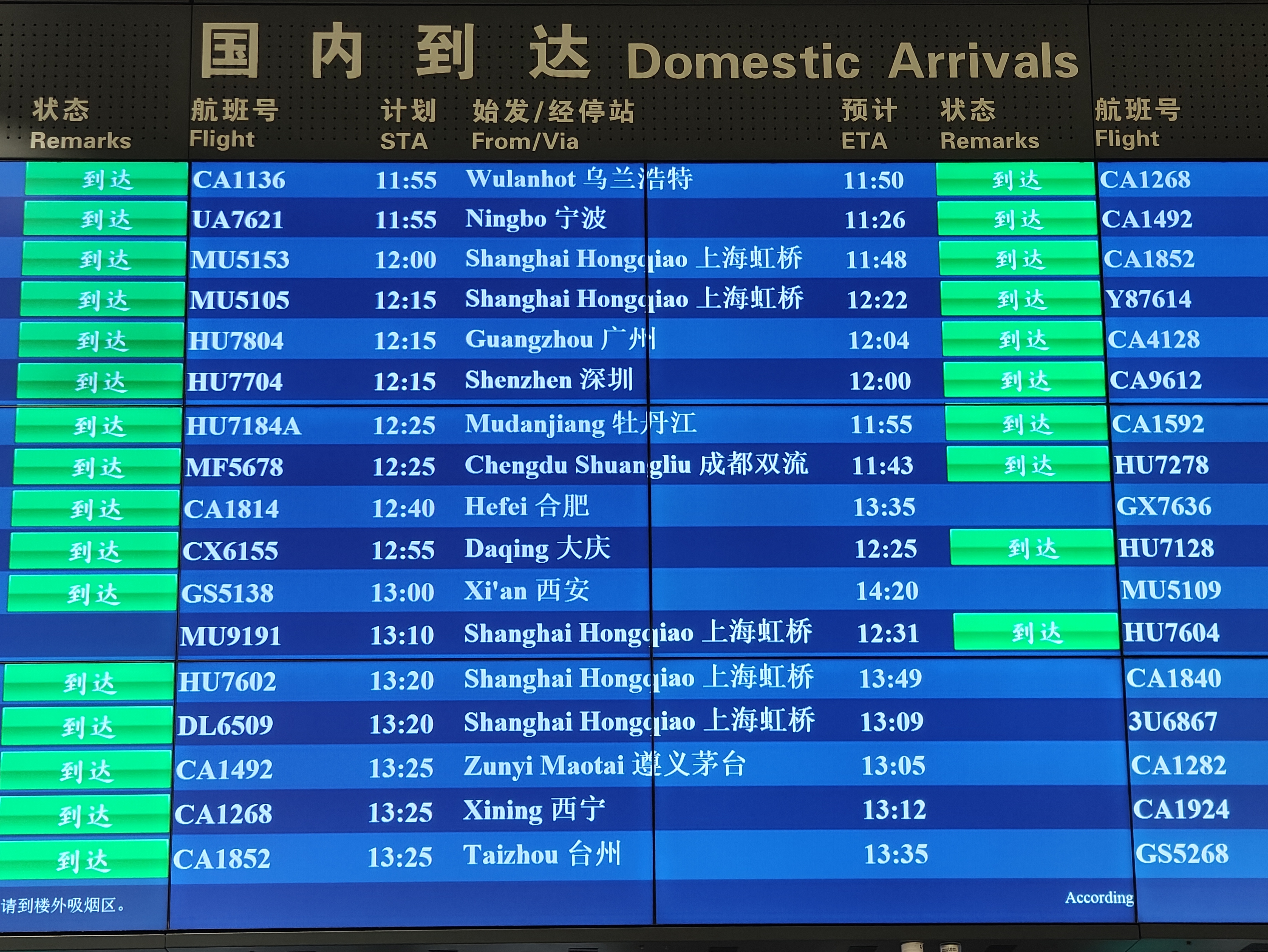 首都機(jī)場(chǎng)大屏顯示，MU9191航班于12:31順利到達(dá)。人民網(wǎng)記者 夏曉倫攝