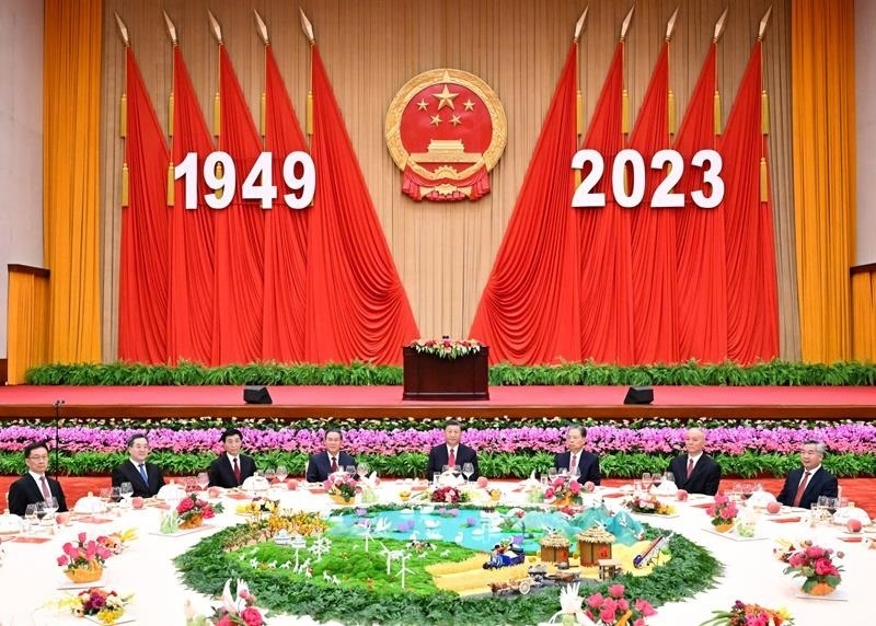 △2023年9月28日，慶祝中華人民共和國成立74周年招待會(huì)在北京人民大會(huì)堂舉行。