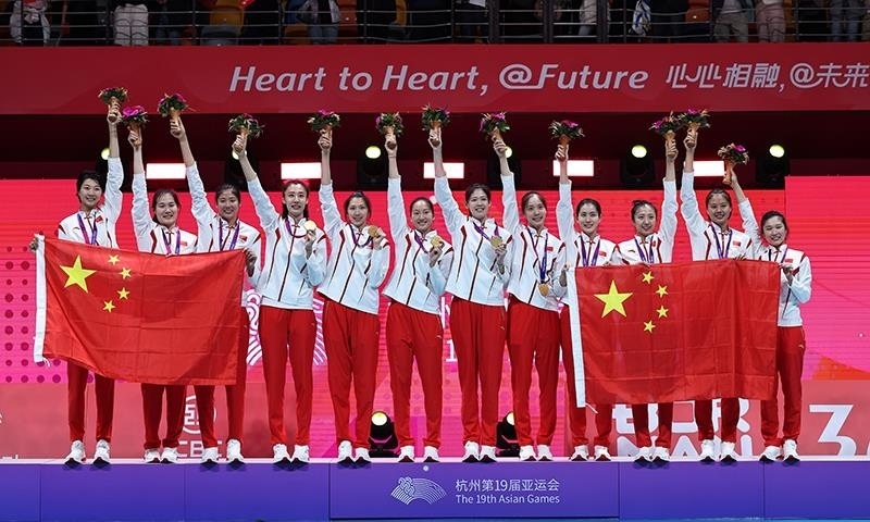 △2023年10月7日，杭州亞運(yùn)會，中國女排再創(chuàng)佳績，以六戰(zhàn)全勝第九次摘得亞運(yùn)金牌。