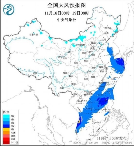 全國大風預報圖(11月18日08時-19日08時)