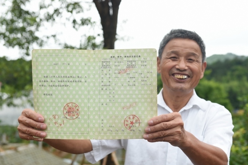 福建武平縣萬(wàn)安鎮(zhèn)捷文村村民李桂林展示林權(quán)改革后領(lǐng)到的全國(guó)第一本新式林權(quán)證。