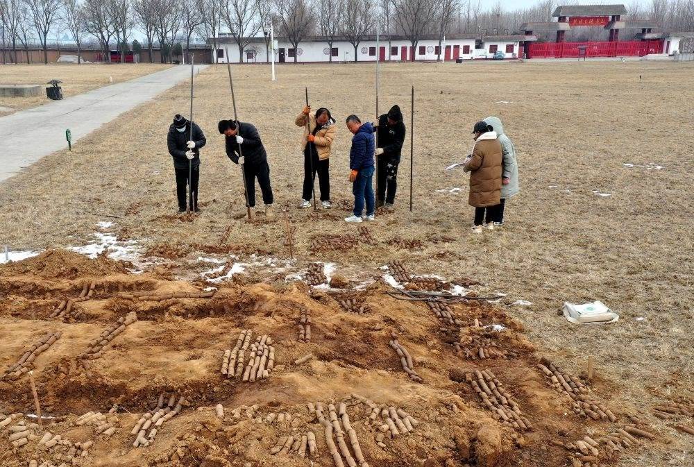 在殷墟王陵遺址，工作人員在勘探圍溝范圍（2月24日攝）。