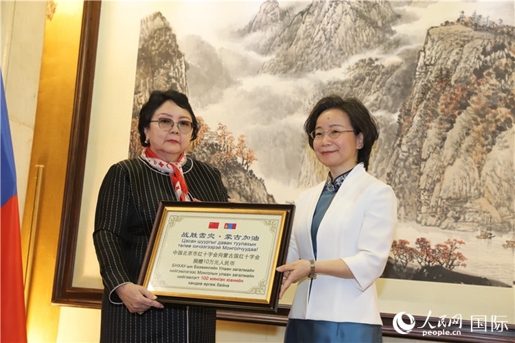 沈大使向?qū)殑跔柆敚ㄗ螅┟貢L轉(zhuǎn)交捐款。人民網(wǎng)記者 霍文攝