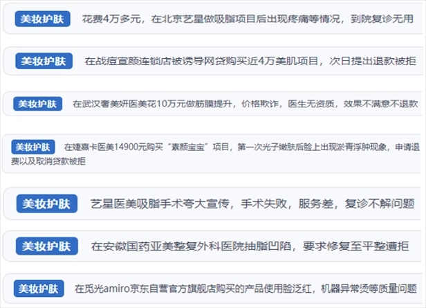 “人民投訴”用戶舉報醫(yī)美未達(dá)預(yù)期效果或?qū)е律眢w損傷退款遭拒、機(jī)構(gòu)及服務(wù)人員虛假資質(zhì)、被誘導(dǎo)高額醫(yī)美貸、網(wǎng)購美容儀器質(zhì)量不過關(guān)等問題。（“人民投訴”平臺截圖）