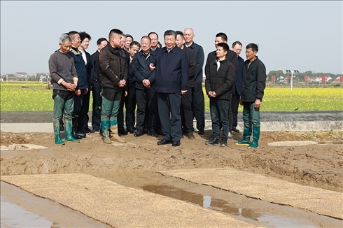 △2024年3月19日，習(xí)近平總書記在湖南省常德市鼎城區(qū)謝家鋪鎮(zhèn)港中坪村，察看秧苗培育和春耕備耕進(jìn)展。
