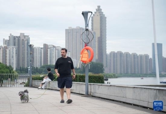 7月20日，在安徽蕪湖市，馬丁在長江邊遛狗。新華社記者 傅天 攝
