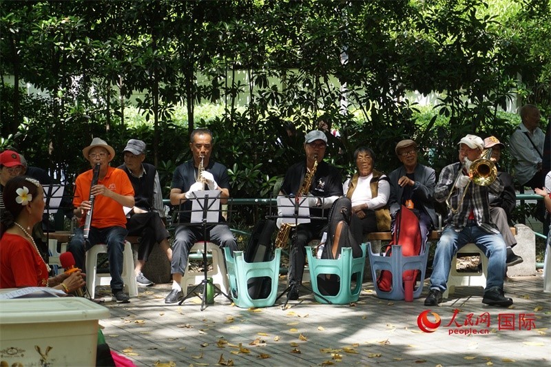 成都居民在公園里演奏歌曲。人民網(wǎng) 王禹蘅攝