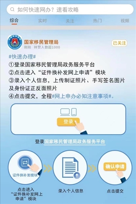 國(guó)家移民管理局出入境證件“全程網(wǎng)辦”流程。圖片來(lái)源：微信公眾號(hào)“國(guó)家移民管理局”