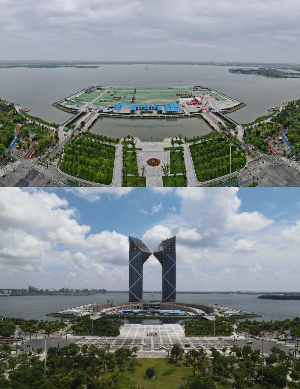 拼版照片：空中俯瞰中國（上海）自由貿(mào)易試驗區(qū)臨港新片區(qū)滴水湖西島中銀金融中心項目現(xiàn)場（上圖為2021年6月20日攝，無人機照片；下圖為2024年8月14日攝，無人機照片）。2019年8月20日，臨港新片區(qū)揭牌成立，一個開放新高地在長江與東海交匯處日益崛起。