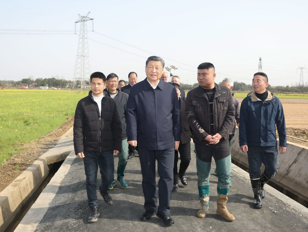 2024年3月19日，習(xí)近平在湖南省常德市鼎城區(qū)謝家鋪鎮(zhèn)港中坪村，同種糧大戶、農(nóng)技人員、基層干部親切交流。習(xí)近平強調(diào)：“要建設(shè)好高標(biāo)準農(nóng)田，推行適度規(guī)模經(jīng)營，加強政策支持和示范引領(lǐng)，加大良種、良機、良法推廣力度，在精耕細作上下功夫，進一步把糧食單產(chǎn)和品質(zhì)提上去，讓種糧也能夠致富，進而吸引更多農(nóng)戶參與發(fā)展現(xiàn)代化大農(nóng)業(yè)，真正把中國特色農(nóng)業(yè)現(xiàn)代化之路走穩(wěn)走扎實?！? width=