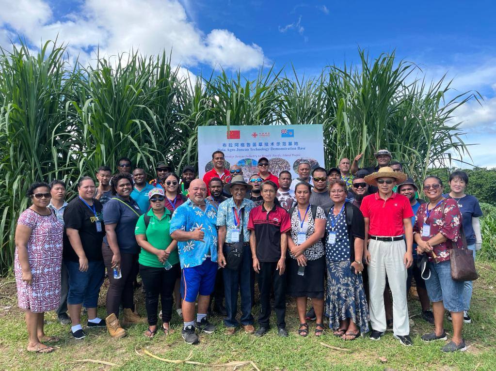 2024年2月28日，來(lái)自巴布亞新幾內(nèi)亞、湯加、庫(kù)克群島、薩摩亞、瑙魯?shù)葒?guó)家的“太平洋島國(guó)菌草技術(shù)培訓(xùn)班”學(xué)員在斐濟(jì)布拉阿格魯菌草技術(shù)示范基地合影。新華社發(fā)（中國(guó)援斐濟(jì)菌草技術(shù)示范中心供圖）