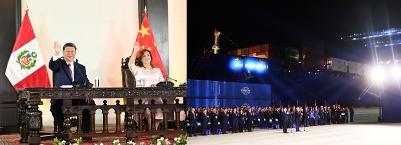 當?shù)貢r間2024年11月14日晚，習近平主席同秘魯總統(tǒng)博魯阿爾特在利馬總統(tǒng)府以視頻方式共同出席錢凱港開港儀式（拼版照片）。