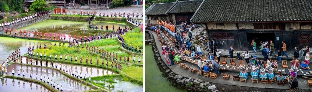 左圖：近期，人們在黎平縣肇興侗寨的田園里演唱侗族大歌（黎平縣委宣傳部供圖）；右圖：這是2023年拍攝的十八洞村長桌宴（湘西州委宣傳部供圖）。