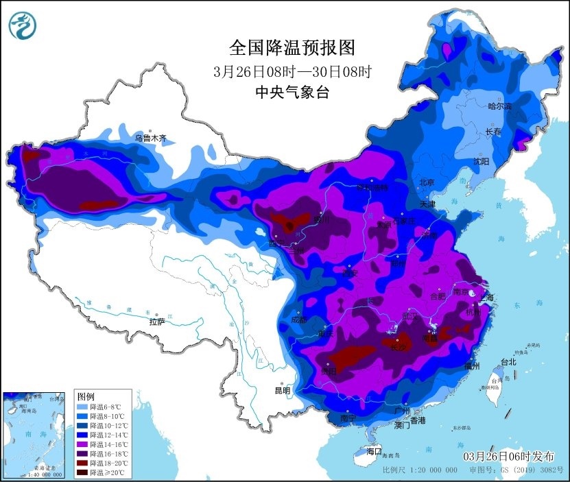 全國降溫預報圖（3月26日08時-3月30日08時）