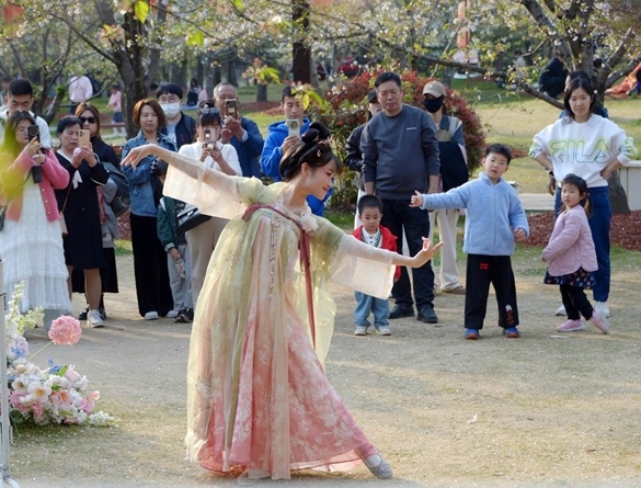 清明假期期間，上海顧村公園櫻花島上，游客在觀賞國(guó)風(fēng)漢服快閃表演。（圖片來(lái)源：視覺(jué)中國(guó)）